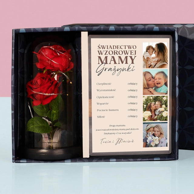 Fotokolaż: Świadectwo Wzorowej Mamy - Zestaw Prezentowy z Wydrukiem Na Szkle i Wieczną Różą