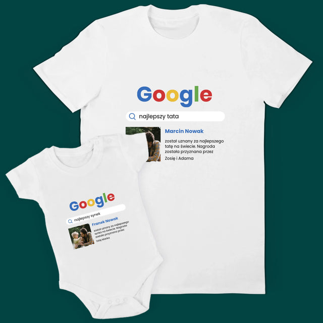 Zdjęcie i Podpis: Najlepszy Tata i Syn Wynik Google - Zestaw Koszulka Męska i Body Niemowlęce
