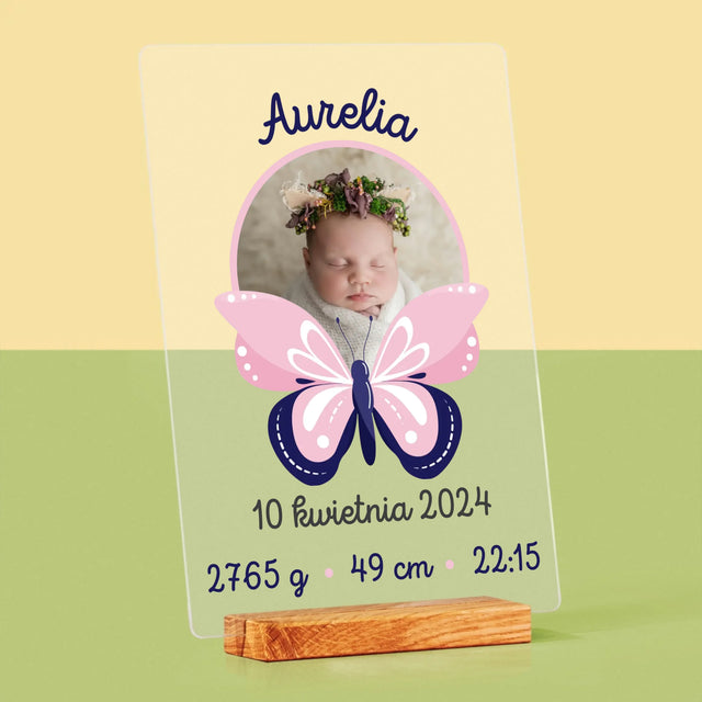 Metryczka Dziecka: Motylek - Wydruk Na Szkle Akrylowym