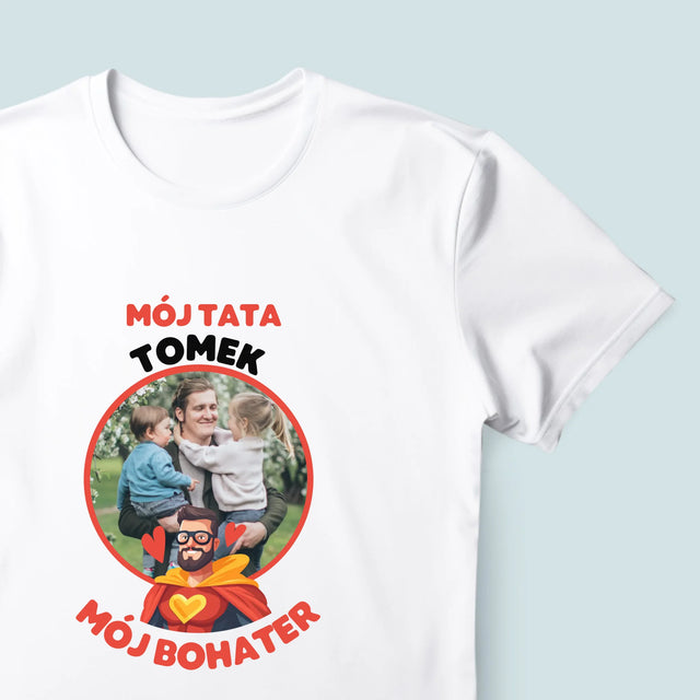 Zdjęcie i Podpis: Tata Mój Bohater - Koszulka Męska z Nadrukiem