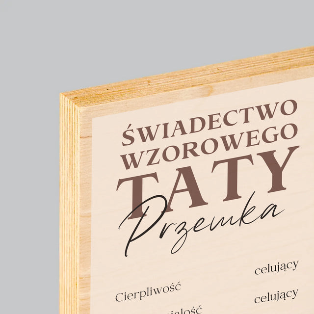Fotokolaż: Świadectwo Wzorowego Taty - Wydruk Na Drewnie