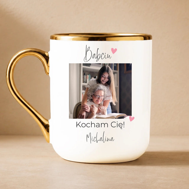 Fotokolaż: Babciu Kocham Cię - Kubek Ceramiczny ze Złotym Rantem