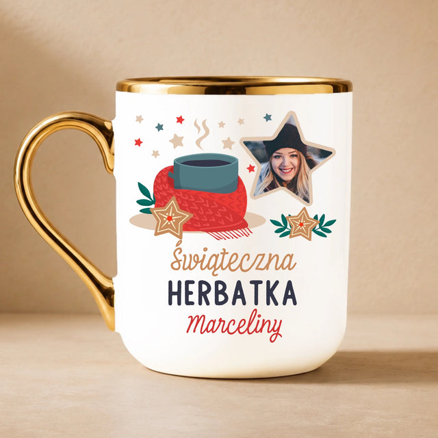 Zdjęcie i Podpis: Świąteczna Herbatka - Kubek Ceramiczny ze Złotym Rantem