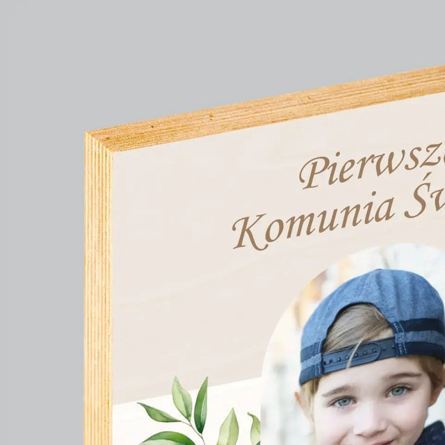 Zdjęcie i Podpis: Pierwsza Komunia Święta Życzenia - Wydruk Na Drewnie