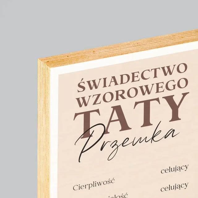 Fotokolaż: Świadectwo Wzorowego Taty - Wydruk Na Drewnie