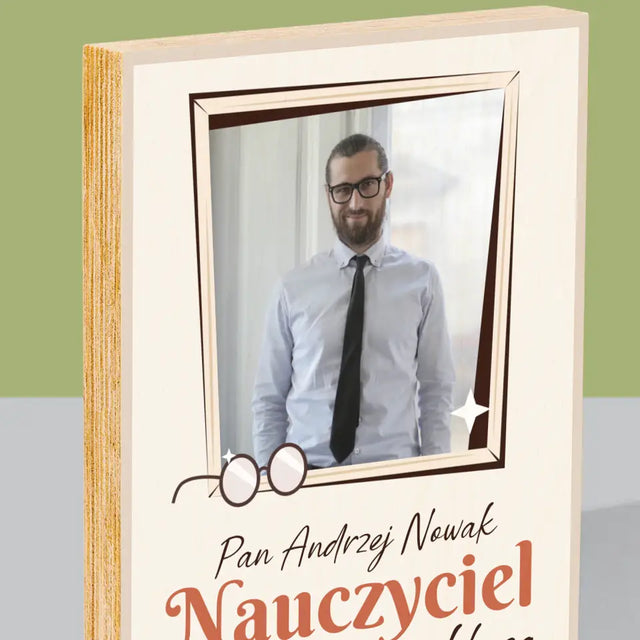 Zdjęcie i Podpis: Nauczyciel z Klasą - Wydruk Na Drewnie