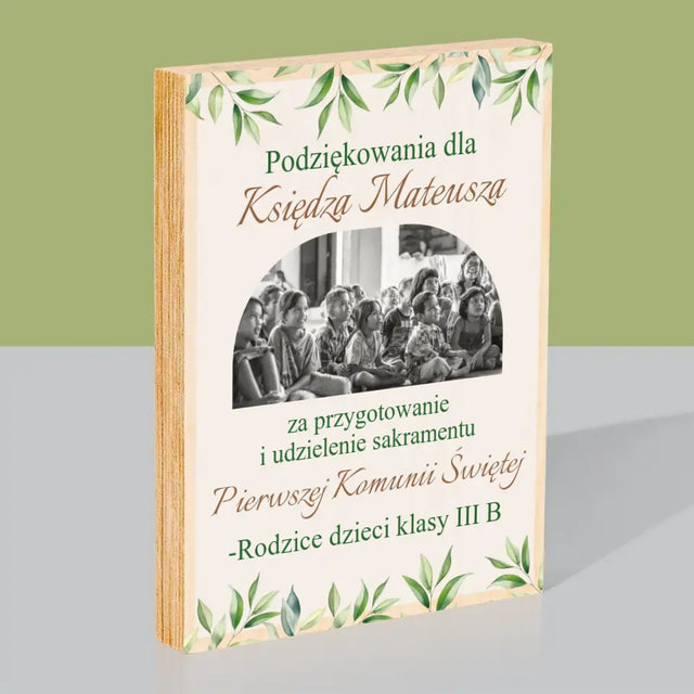 Zdjęcie i Podpis: Podziękowania Dla Księdza Komunia - Wydruk Na Drewnie