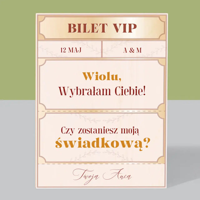 Imię i Podpis: Bilety Vip Świadkowa - Wydruk Na Drewnie