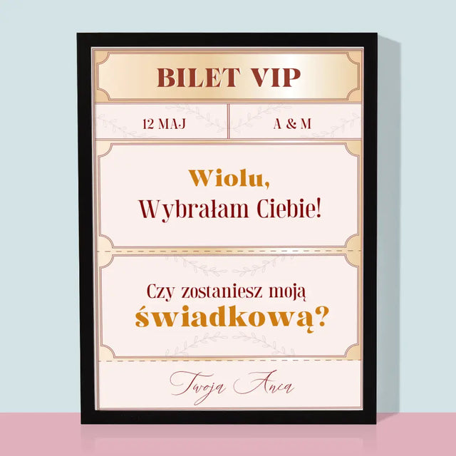 Imię i Podpis: Bilety Vip Świadkowa - Wydruk Obramowany