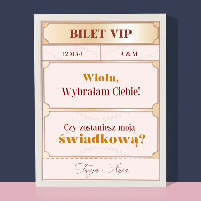 Imię i Podpis: Bilety Vip Świadkowa - Wydruk Obramowany