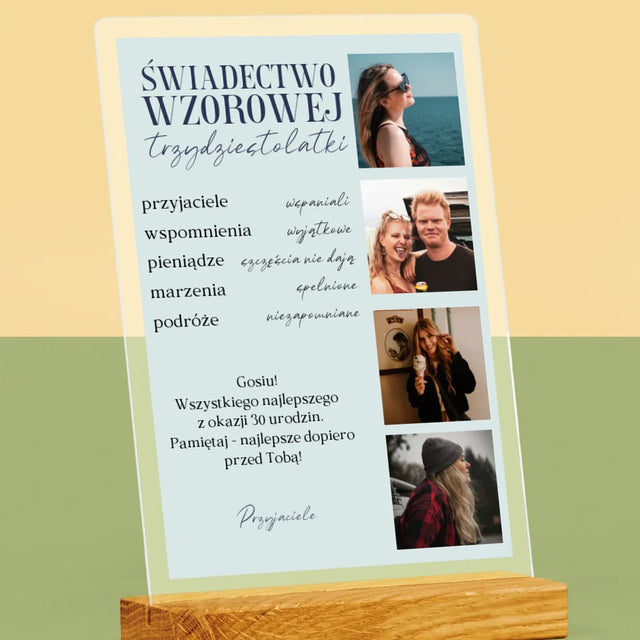 Fotokolaż: Świadectwo Wzorowej Trzydziestolatki - Wydruk Na Szkle Akrylowym