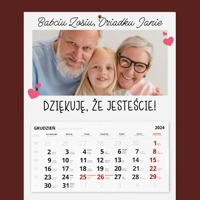 Zdjęcie i Podpis: Podziękowania Dla Dziadków - Personalizowany Kalendarz Trójdzielny