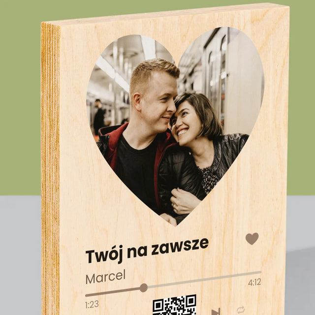 Zdjęcie i Podpis: Nasza Piosenka Serce Kod Qr - Wydruk Na Drewnie