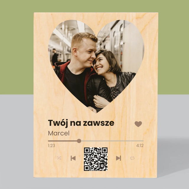 Zdjęcie i Podpis: Nasza Piosenka Serce Kod Qr - Wydruk Na Drewnie