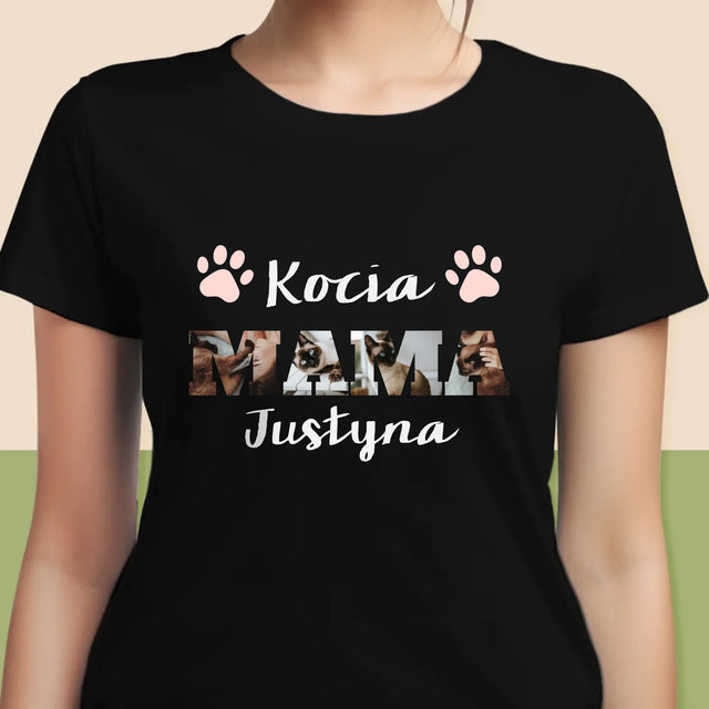 Słowo Ze Zdjęć: Kocia Mama  - Koszulka Damska z Nadrukiem