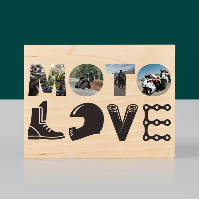 Słowo Ze Zdjęć: Motolove - Wydruk Na Drewnie