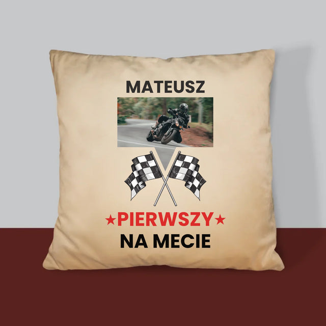 Zdjęcie I Podpis: Pierwszy Na Mecie - Poduszka z Nadrukiem