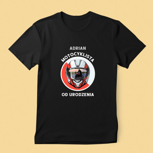 Zdjęcie I Podpis: Motocyklista Od Urodzenia - Koszulka Męska z Nadrukiem