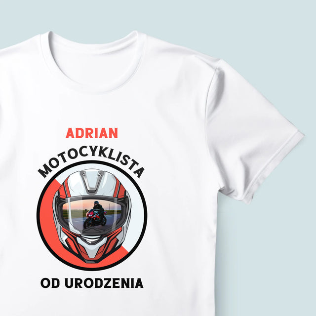 Zdjęcie I Podpis: Motocyklista Od Urodzenia - Koszulka Męska z Nadrukiem