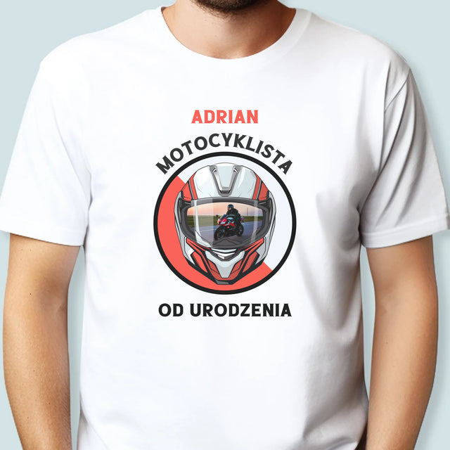 Zdjęcie I Podpis: Motocyklista Od Urodzenia - Koszulka Męska z Nadrukiem