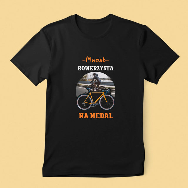Zdjęcie I Podpis: Rowerzysta Na Medal - Koszulka Męska z Nadrukiem