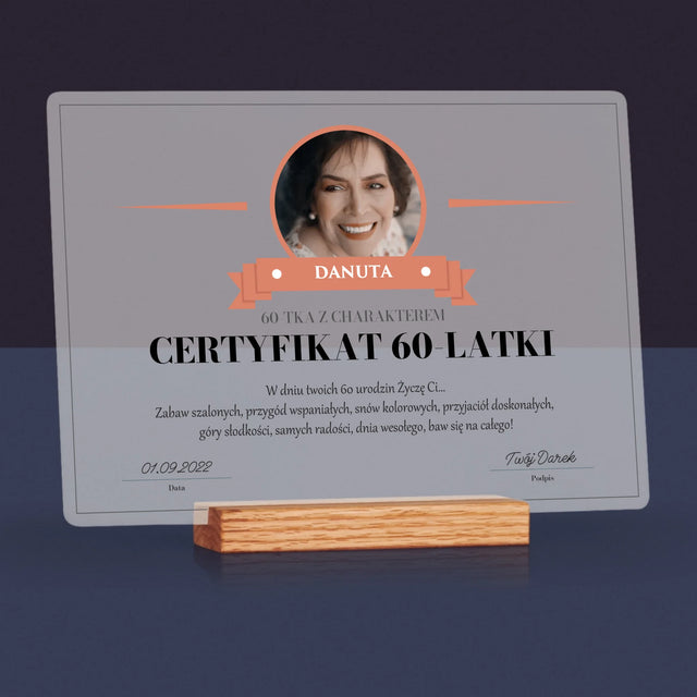 Certyfkat: Certyfikat 60-Latki - Wydruk Na Szkle Akrylowym