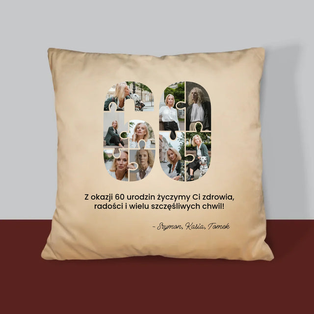 Kształt Ze Zdjęć: 60 Urodziny Puzzle - Poduszka z Nadrukiem