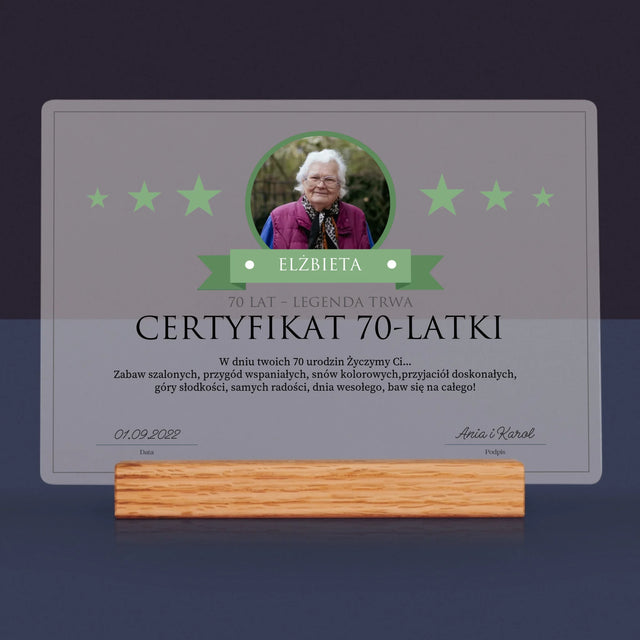 Certyfkat: Certyfikat 70-Latki - Wydruk Na Szkle Akrylowym