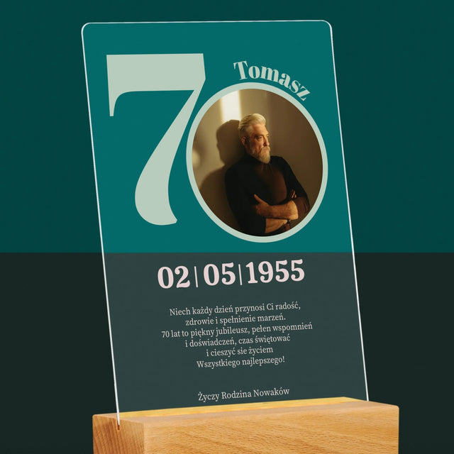 Zdjęcie I Podpis: 70 Urodziny Dedykacja - Wydruk Na Szkle Akrylowym