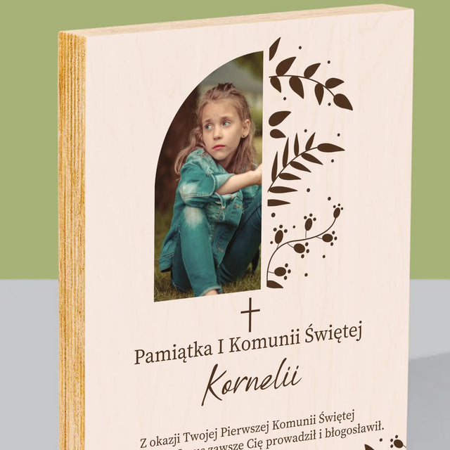 Zdjęcie i Podpis: Pierwsza Komunia Święta Listki - Wydruk Na Drewnie