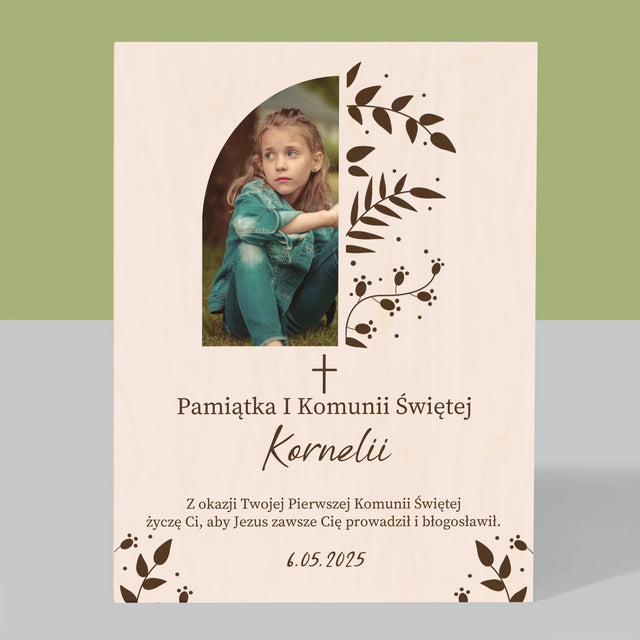 Zdjęcie i Podpis: Pierwsza Komunia Święta Listki - Wydruk Na Drewnie
