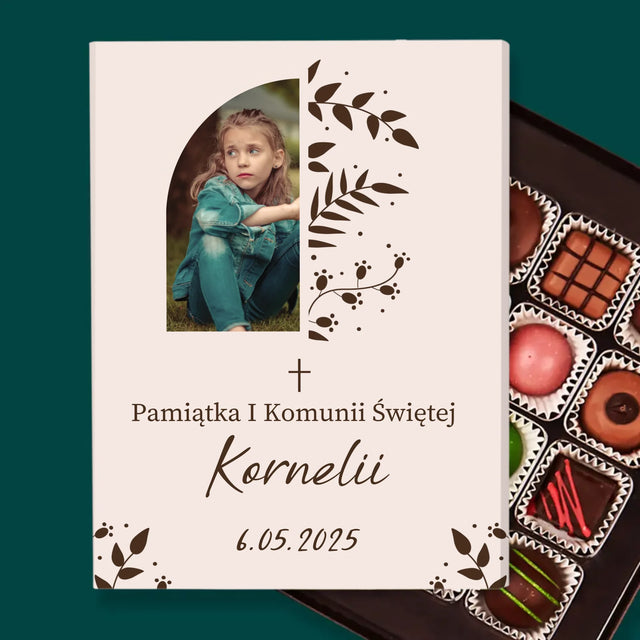 Zdjęcie i Podpis: Pierwsza Komunia Święta Listki - Personalizowane Praliny