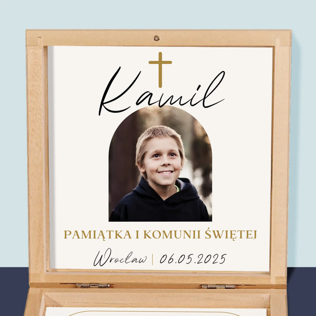 Zdjęcie i Podpis: Pamiątka Komunii Klasyczna - Różaniec w Pudełku