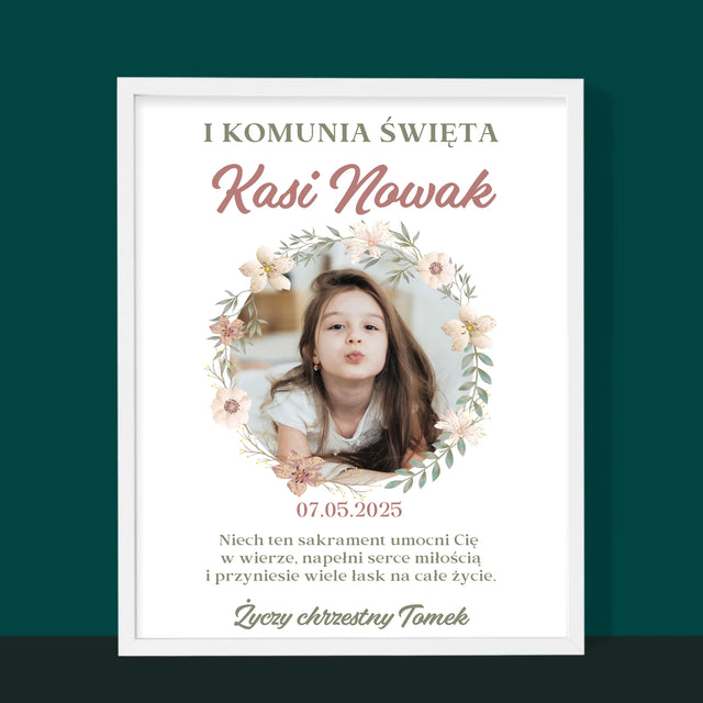 Zdjęcie i Podpis: Pierwsza Komunia Kwiaty - Wydruk Obramowany