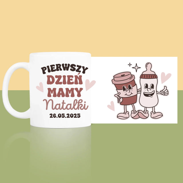 Imię i Podpis: Pierwszy Dzień Mamy Kawa Mleko - Kubek z Nadrukiem