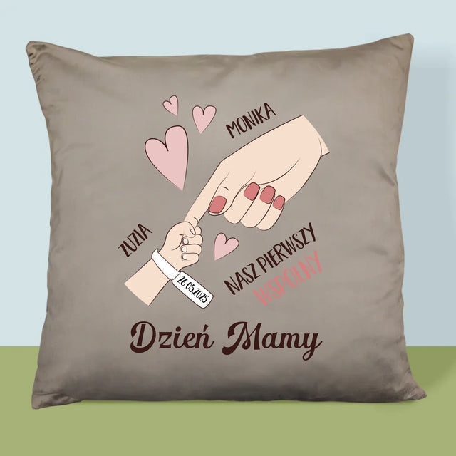 Imię i Podpis: Pierwszy Wspólny Dzień Mamy - Poduszka z Nadrukiem