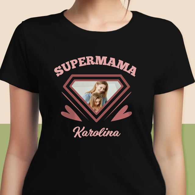 Zdjęcie i Podpis: Supermama - Koszulka Damska z Nadrukiem