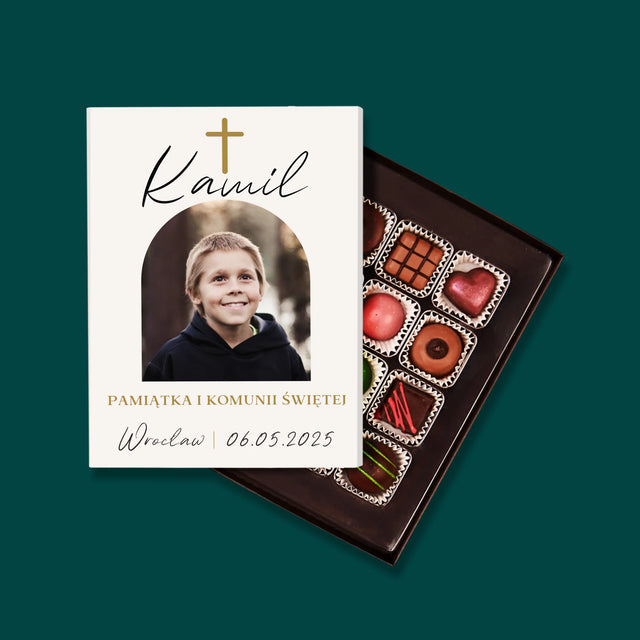 Zdjęcie i Podpis: Pamiątka Komunii Klasyczna - Personalizowane Praliny