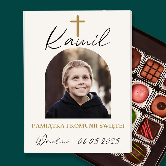 Zdjęcie i Podpis: Pamiątka Komunii Klasyczna - Personalizowane Praliny