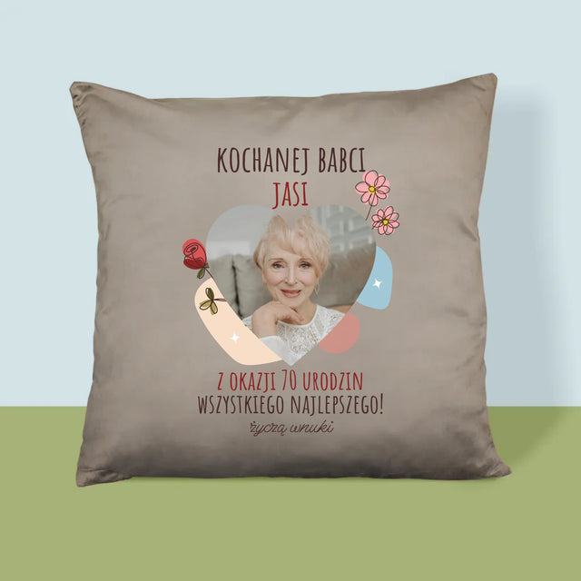 Zdjęcie I Podpis: Kochanej Babci z Okazji Urodzin - Poduszka z Nadrukiem