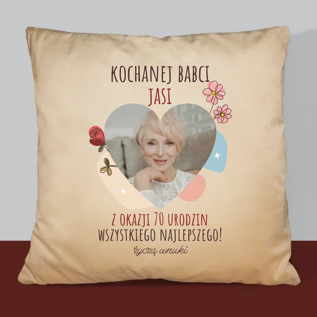 Zdjęcie I Podpis: Kochanej Babci z Okazji Urodzin - Poduszka z Nadrukiem
