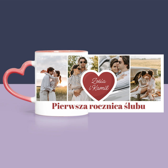 Fotokolaż: Pierwsza Rocznica Serce - Zestaw Prezentowy z Kubkiem, Misiem i Słodkościami