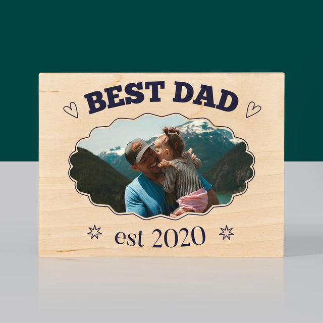Zdjęcie I Podpis: Best Dad Established - Wydruk Na Drewnie
