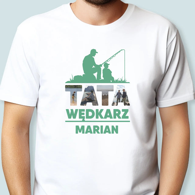 Słowo Ze Zdjęć: Tata Wędkarz - Koszulka Męska z Nadrukiem