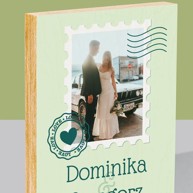 Zdjęcie i Podpis: Ślubna Pocztówka - Wydruk Na Drewnie