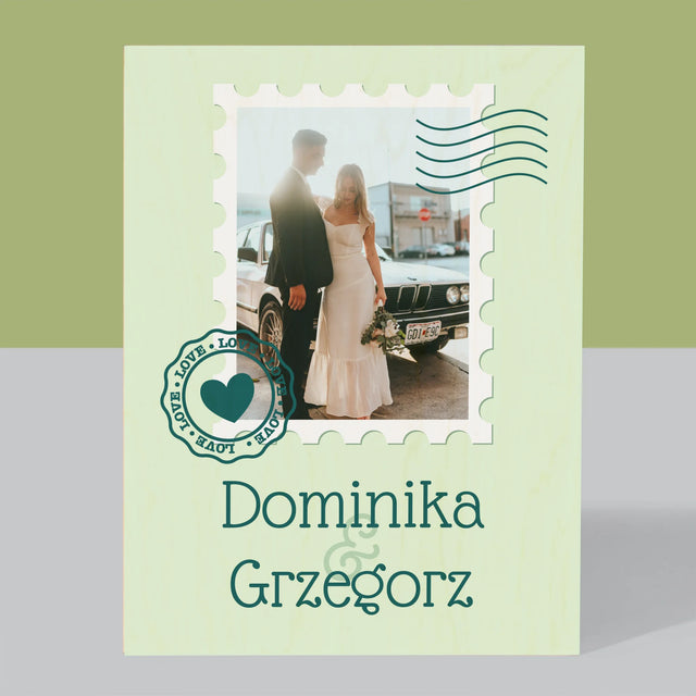 Zdjęcie i Podpis: Ślubna Pocztówka - Wydruk Na Drewnie