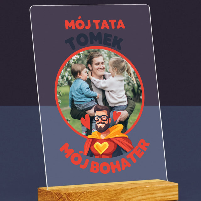Zdjęcie i Podpis: Tata Mój Bohater - Wydruk Na Szkle Akrylowym