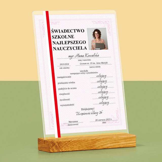 Zdjęcie I Podpis: Świadectwo Najlepszego Nauczyciela - Wydruk Na Szkle Akrylowym