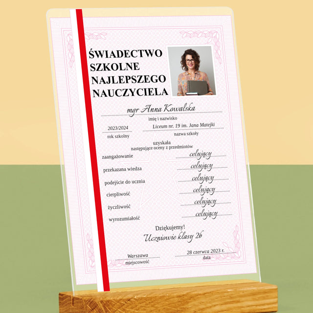 Zdjęcie I Podpis: Świadectwo Najlepszego Nauczyciela - Wydruk Na Szkle Akrylowym