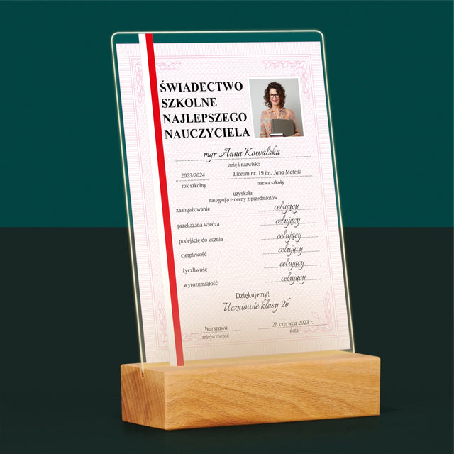 Zdjęcie I Podpis: Świadectwo Najlepszego Nauczyciela - Wydruk Na Szkle Akrylowym